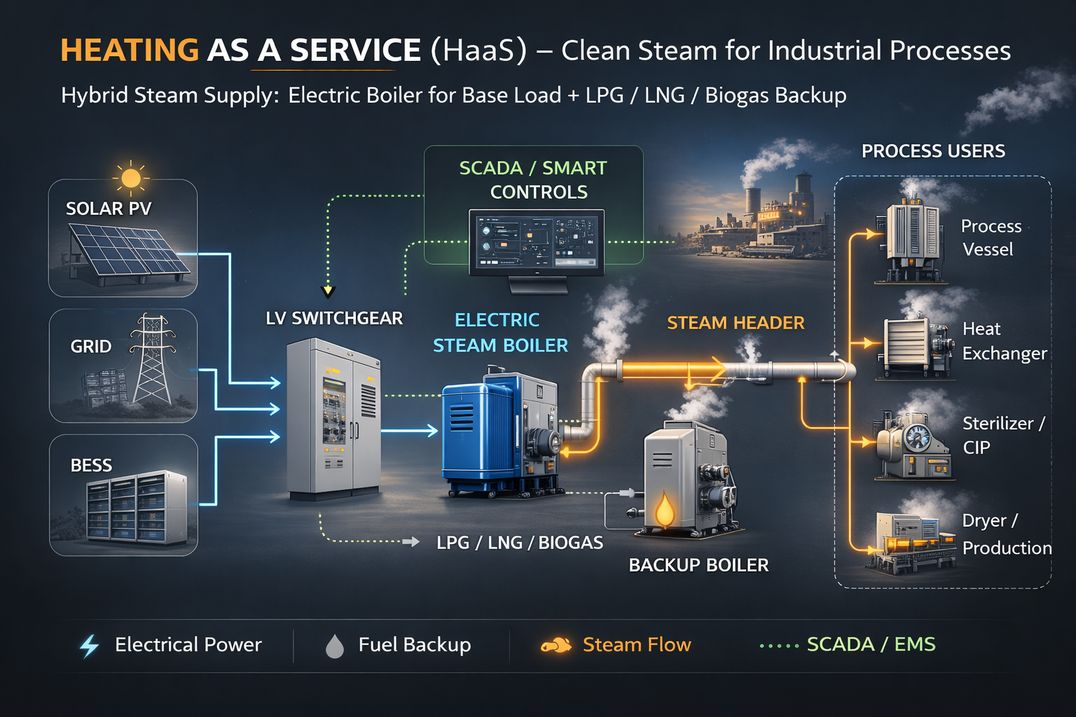 Heating as a Service concept with electric steam boiler, backup boiler, SCADA controls and industrial process steam users