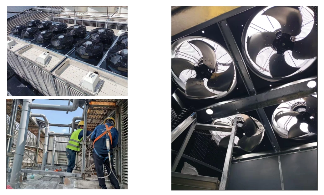 Installed cooling-tower EC fan array and technicians carrying out local retrofit work
